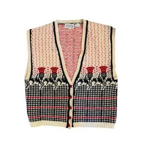 The Villager Wool Knit Vest Red Black Ivory Nordic Floral Vintage | Size Large